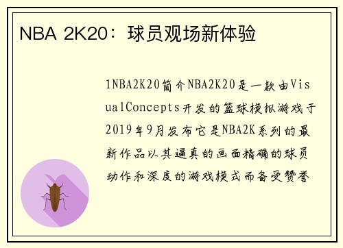 NBA 2K20：球员观场新体验
