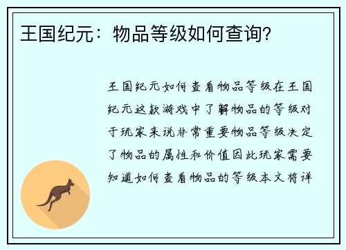 王国纪元：物品等级如何查询？