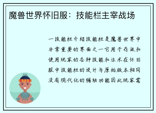 魔兽世界怀旧服：技能栏主宰战场